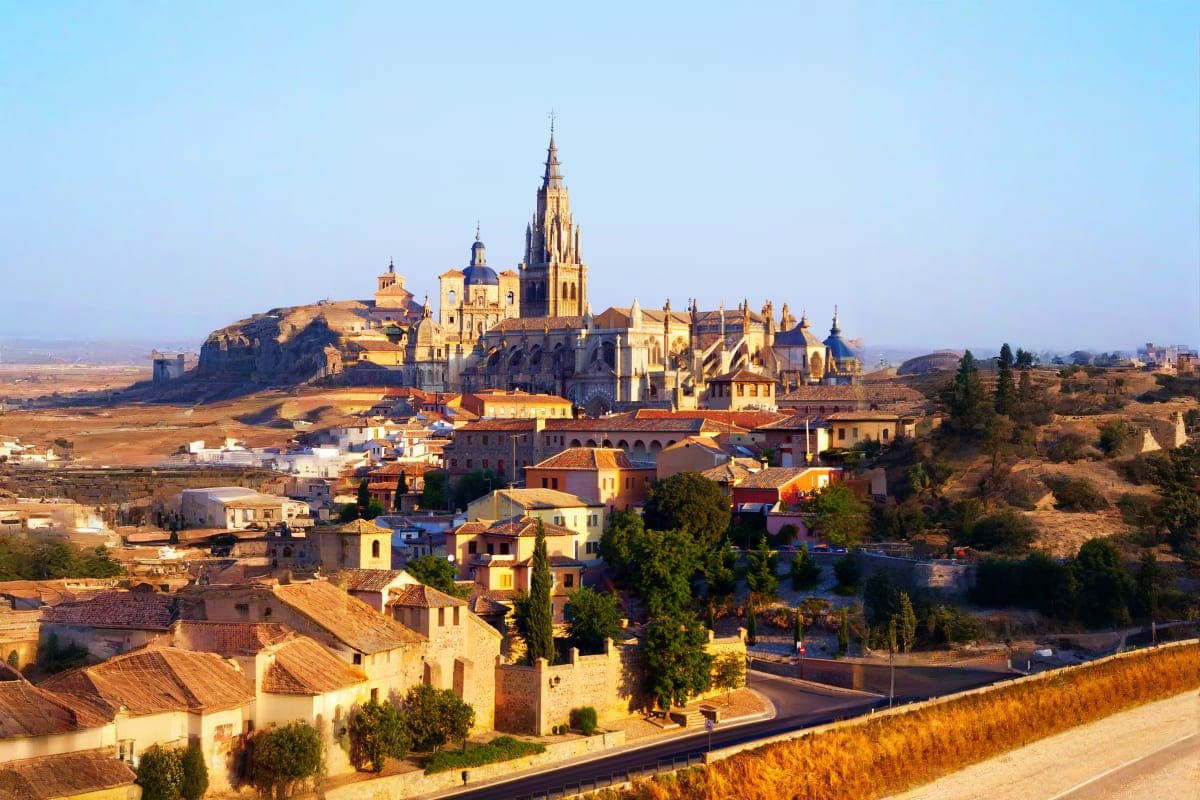 Segovia Cathedral and historic town in central Spain with golden limestone buildings and surrounding countryside