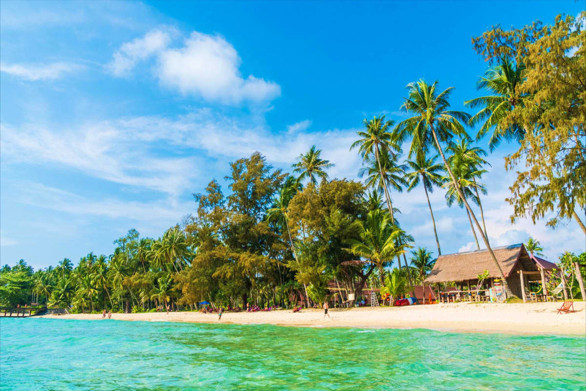 Tropical beach with turquoise water, white sand, palm trees, and traditional thatched-roof buildings on a sunny day in Andama