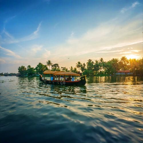 Traditional wooden houseboat on backwaters at sunset with palm trees and clear sky reflecting on calm water