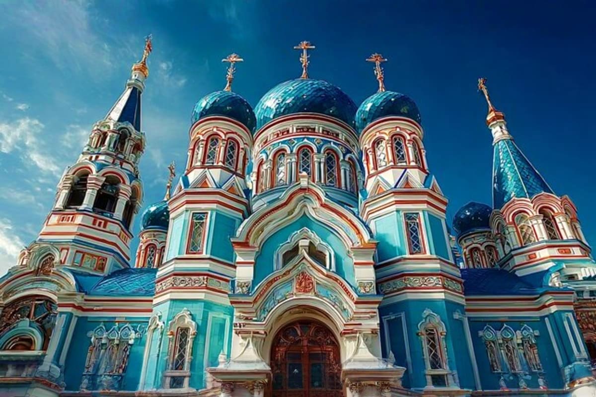 Saint Alexander Nevsky Cathedral in Almaty, Kazakhstan with turquoise onion domes and ornate Russian Orthodox architecture ag