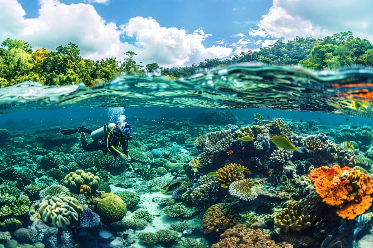 Scuba diver exploring vibrant coral reef with colorful fish and tropical forest backdrop in clear turquoise water