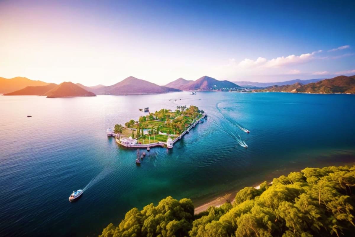 Aerial view of a lush island resort with mountains and blue waters at sunset, surrounded by boats in a scenic coastal bay