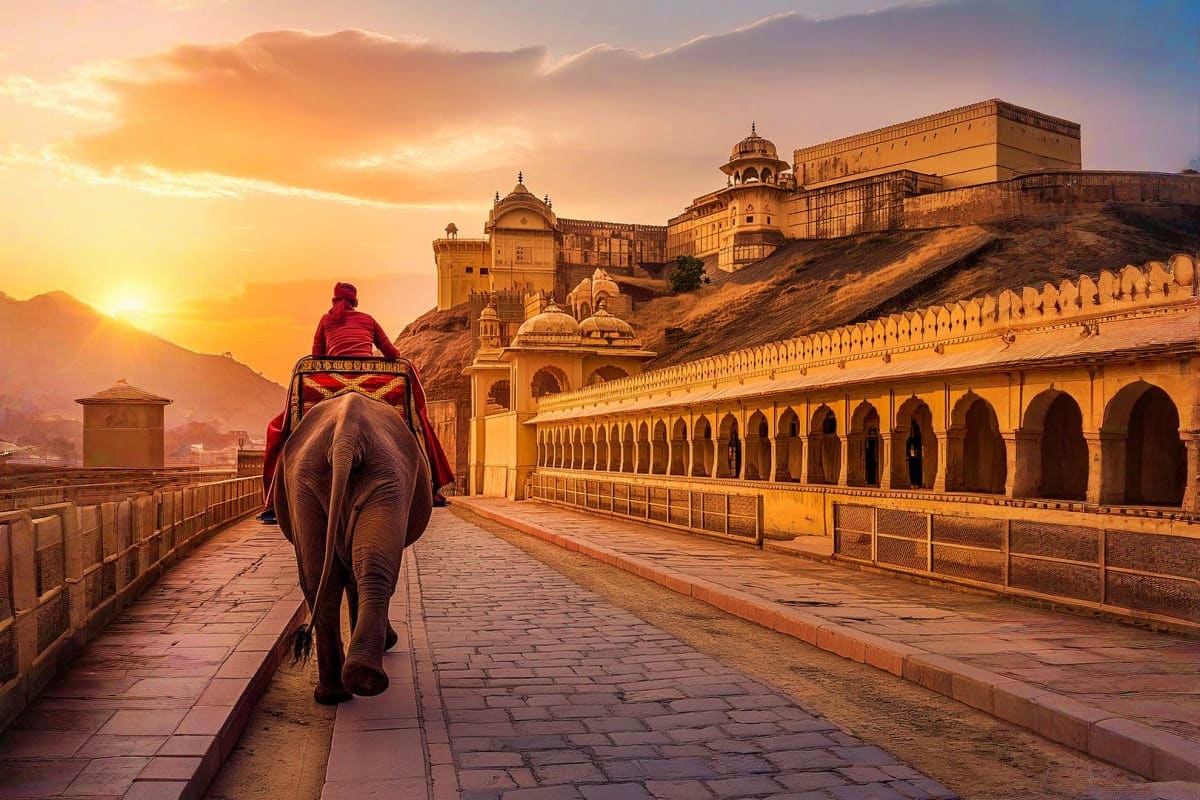 Tourist riding elephant at Amber Fort in Jaipur at sunset, with golden palace architecture and arched colonnade visible