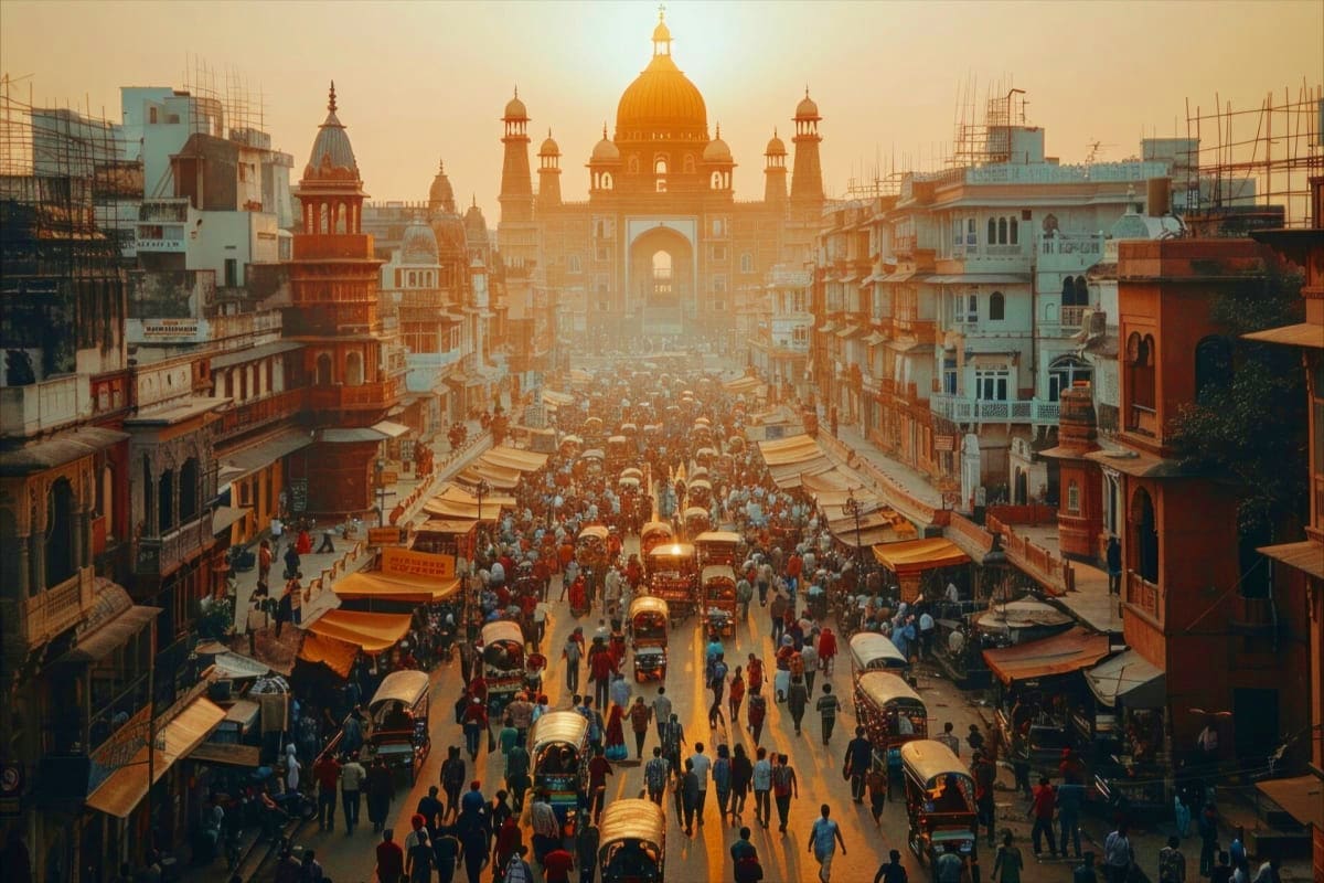 Crowded street in historic Indian city with ornate temple dome, traditional architecture, market stalls and auto-rickshaws at