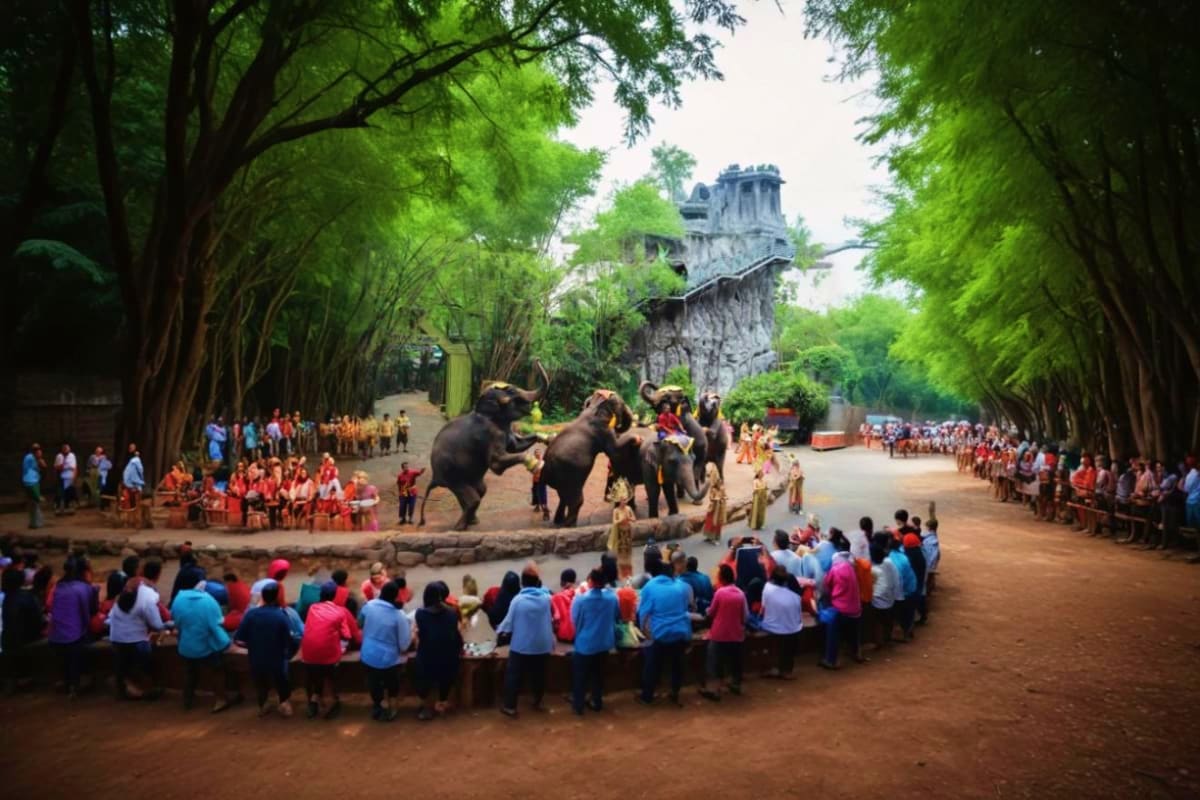 Elephant show performance at ancient temple ruins in Thailand with audiences seated on ground beneath tree-lined avenue