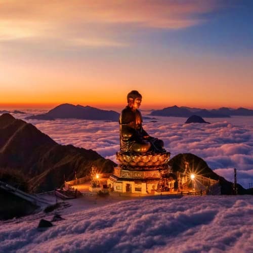 Illuminated golden Buddha statue on mountain peak above sea of clouds at sunset in Sapa, Vietnam