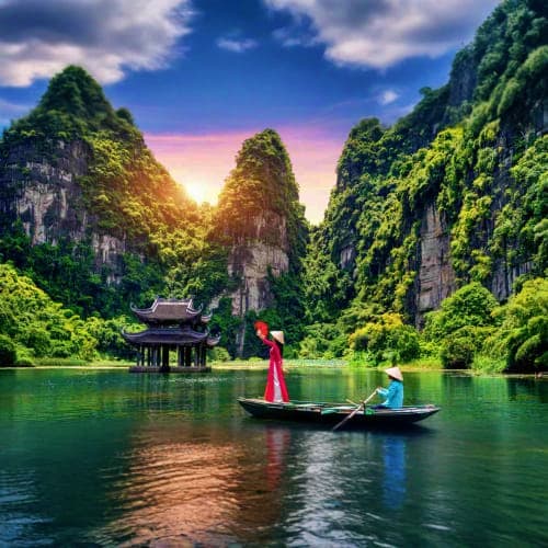 Woman in red áo dài and child on wooden boat in emerald waters surrounded by towering limestone karsts and lush vegetation at