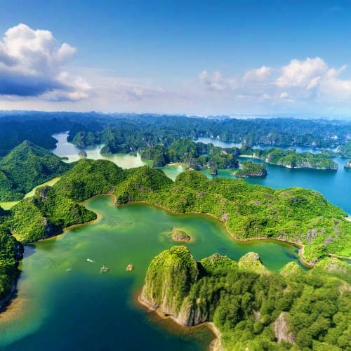 Aerial view of Ha Long Bay in Vietnam showing emerald waters, limestone karsts, and lush green islands under blue sky with wh