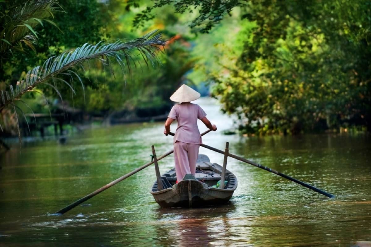Vietnamese boatman in traditional conical hat rowing wooden boat through lush green waterway lined with palm trees