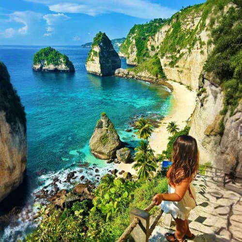 Woman overlooking turquoise ocean and limestone cliffs with palm trees at Kelingking Beach, Nusa Tenggara, Bali