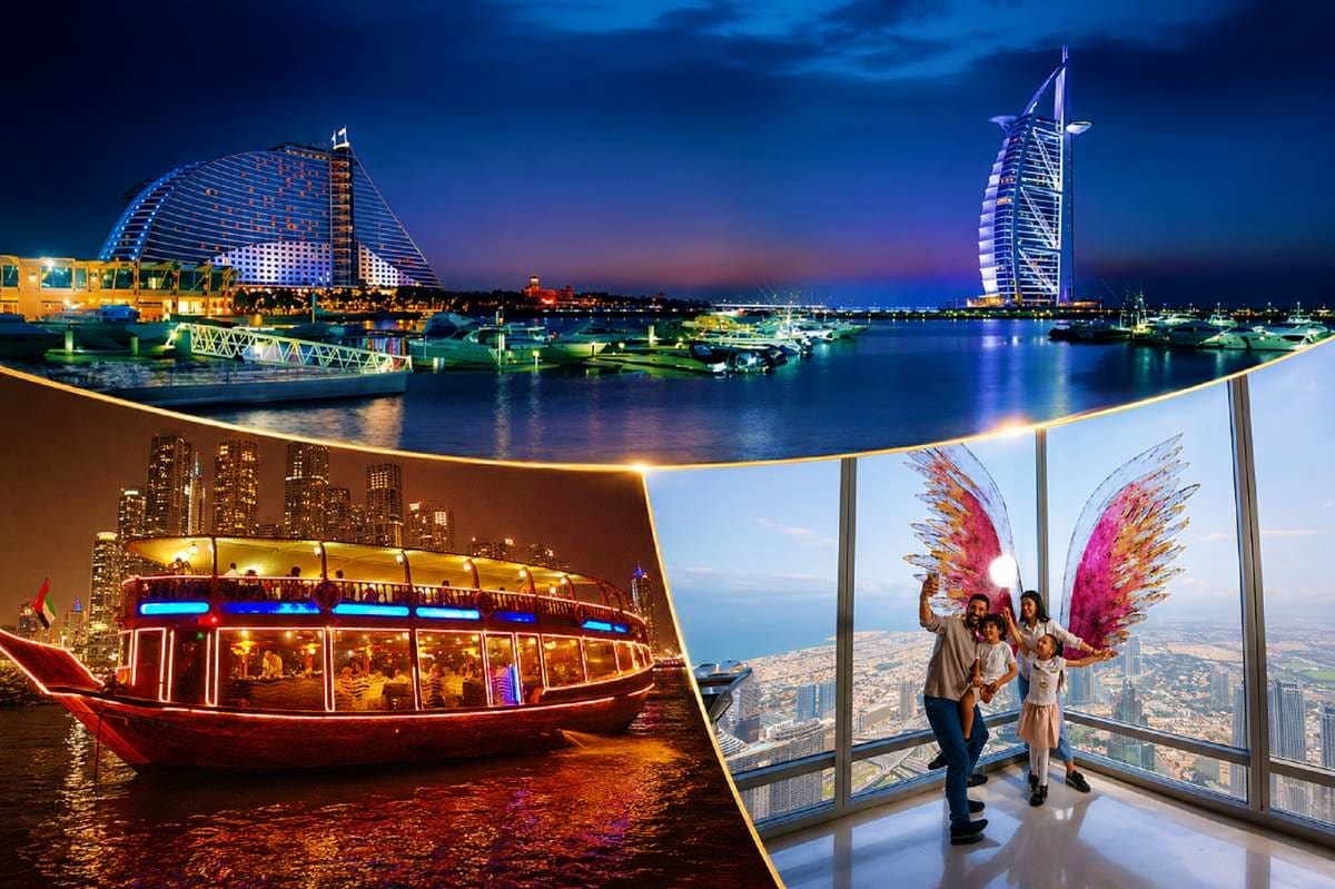 Collage of Dubai attractions: Burj Al Arab and Jumeirah Beach Hotel at dusk, traditional dhow boat on Dubai Creek, and family