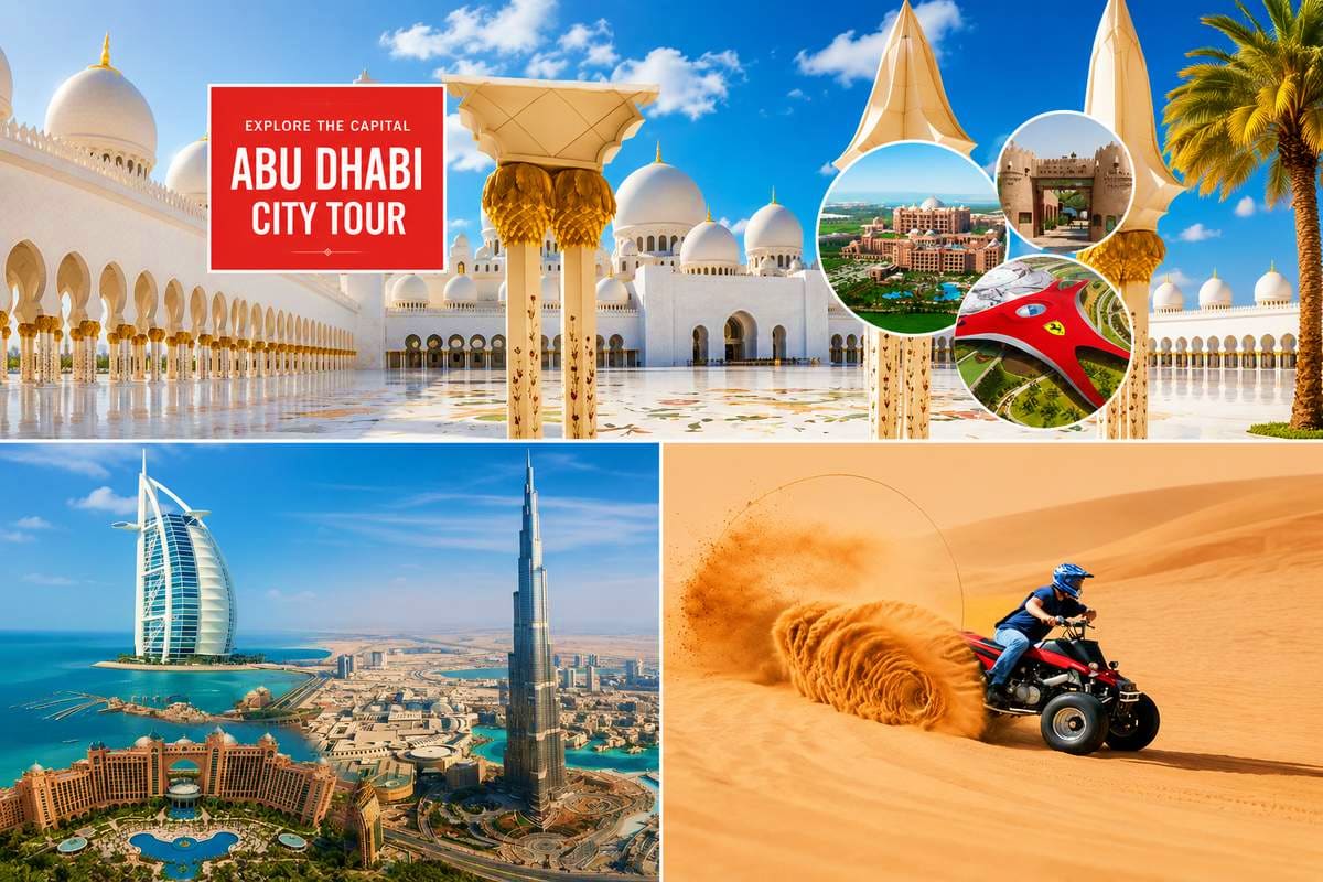 Collage showcasing Abu Dhabi and Dubai attractions including Sheikh Zayed Grand Mosque, Burj Khalifa, Burj Al Arab, desert AT