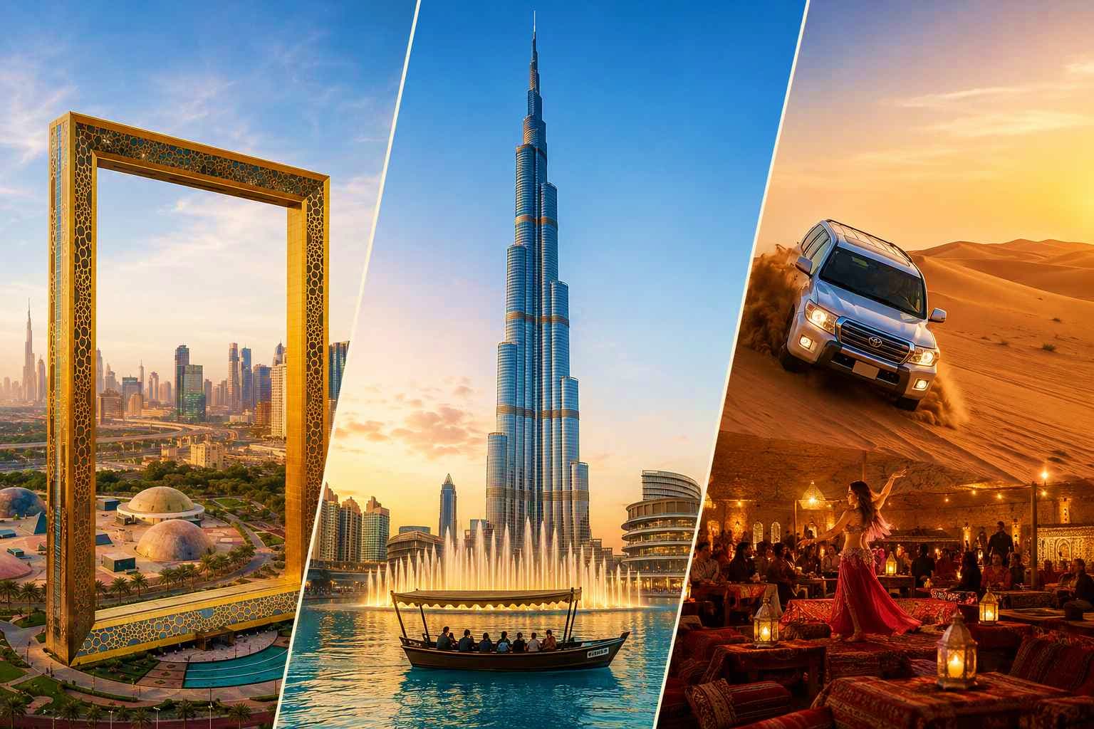 Collage of Dubai attractions: Frame monument with city skyline, Burj Khalifa with fountain, desert safari in SUV, and traditi