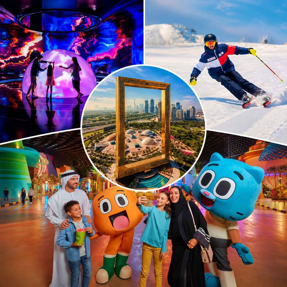 Collage showing Dubai attractions including interactive light dome, Frame landmark with cityscape view, skier on snowy slope,
