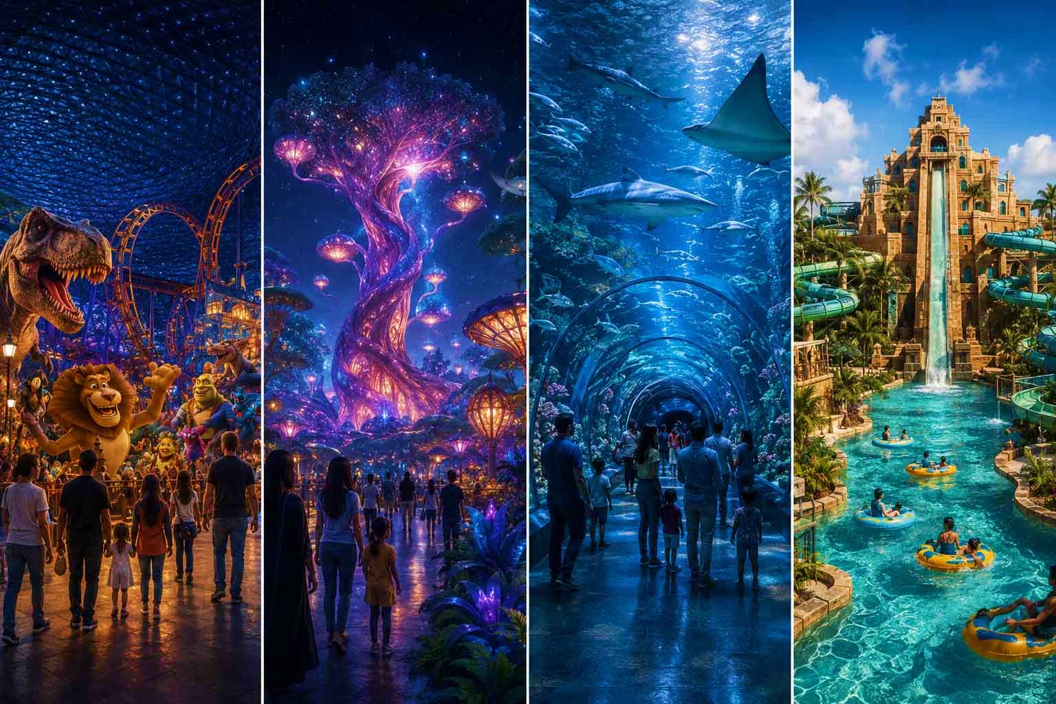 Collage of four Dubai theme park attractions: animated characters and roller coaster, glowing fantasy tree with lanterns, und