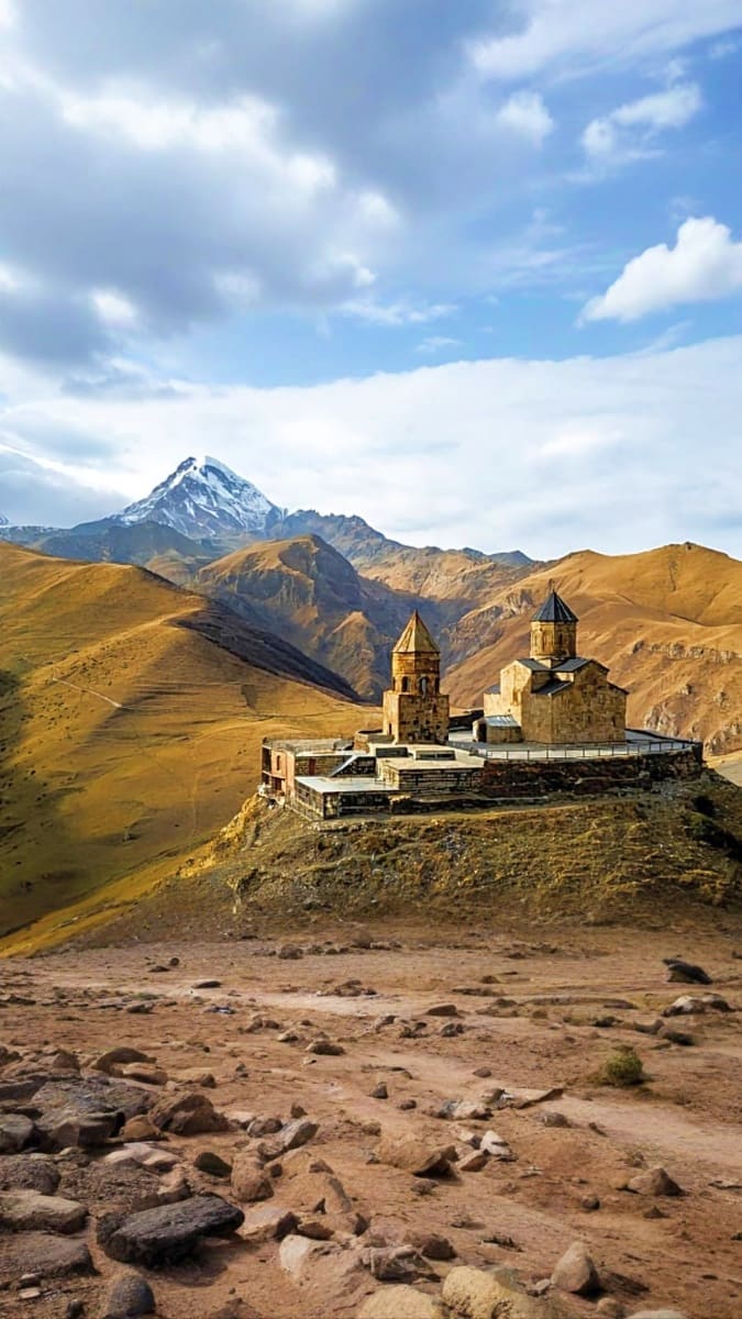 Khor Virap monastery with snow-capped Mount Ararat in background, Armenian highlands landscape