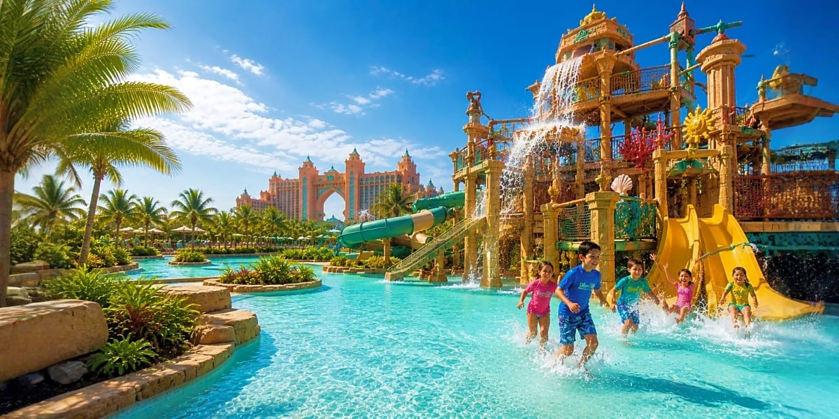 Children playing in turquoise water at Aquaventure Park with golden themed structures, water slides, and Atlantis The Palm ho