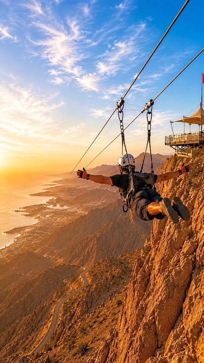 Person ziplining off Jebel Jais cliff with arms outstretched overlooking coastal mountain landscape at sunset