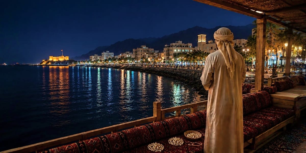 Man in traditional white thobe viewing illuminated waterfront city at night with palm trees and historic fort reflected in ca