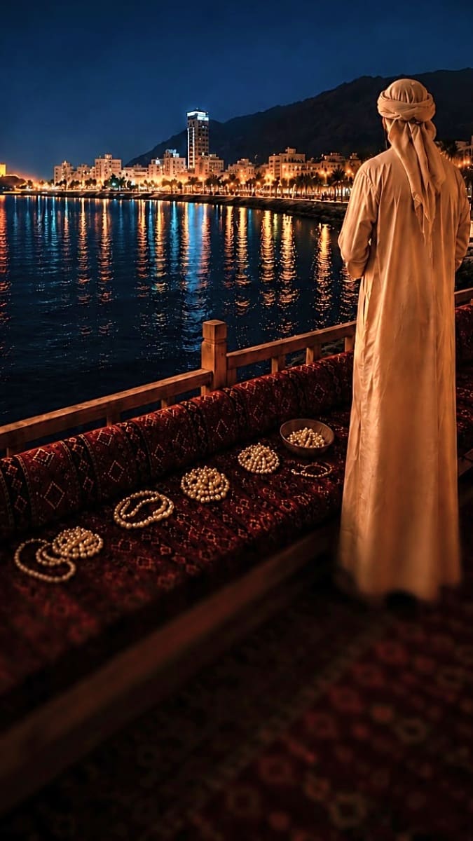Woman in traditional dress viewing illuminated coastal city at night with pearl jewelry displayed on carpet