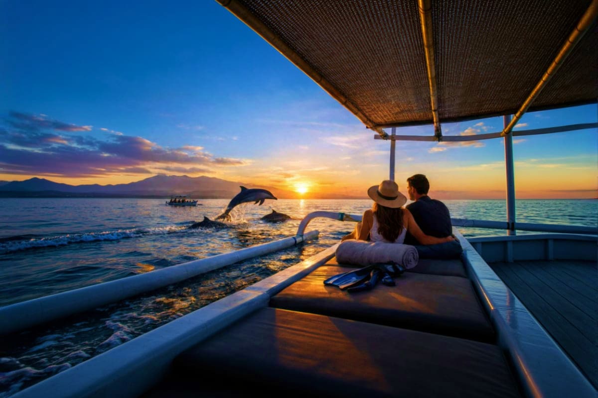 Lovina Dolphin Watching and Snorkeling Tour in Bali Couple watching dolphins leap from ocean at sunset aboard traditional boat with canopy in Lovina Bali