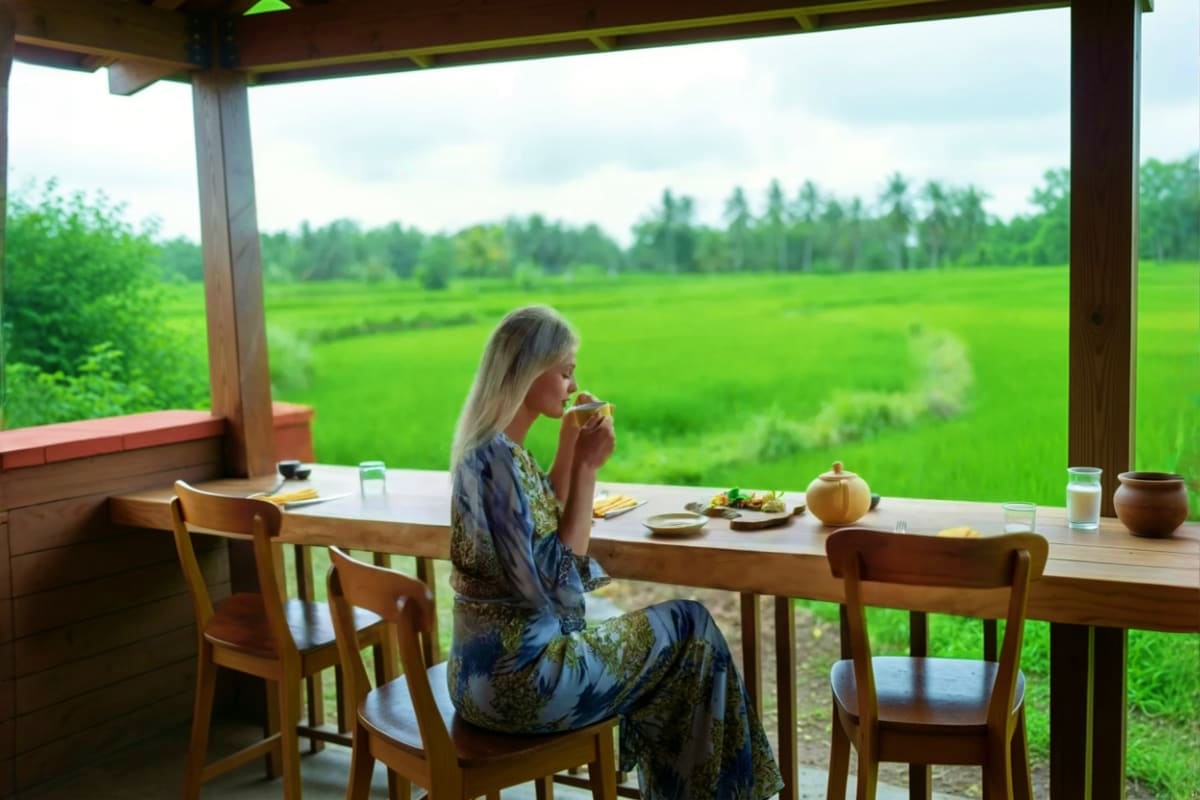 Woman dining alone at wooden table on covered porch overlooking vast green rice fields and forested hills in rural Bali