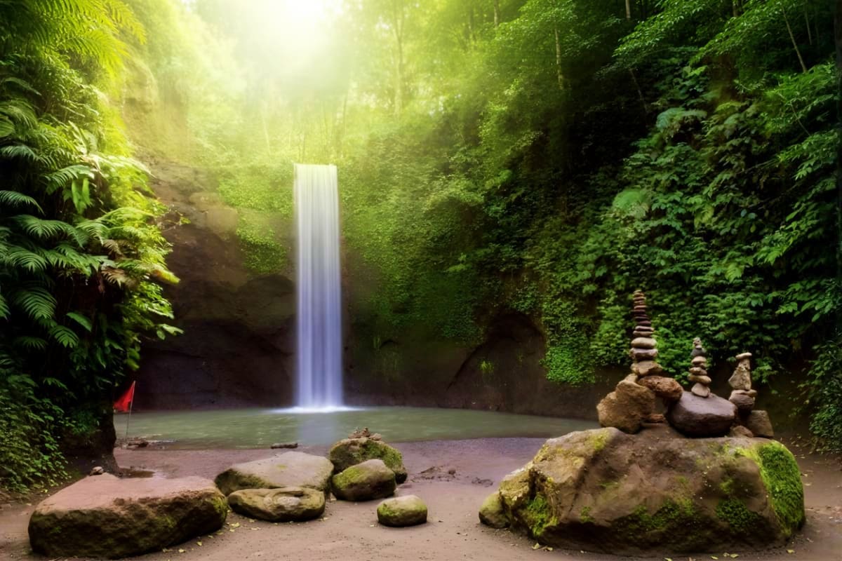 Bali Private Full Day Temple And Waterfall Tour Tropical waterfall cascading into emerald pool surrounded by lush green jungle vegetation and moss-covered rocks in Bali
