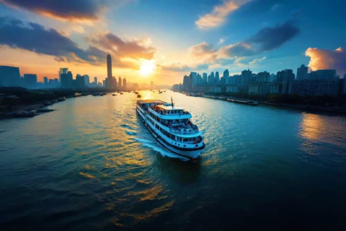 Passenger cruise ship sailing on river at sunset with city skyline and tall buildings in background