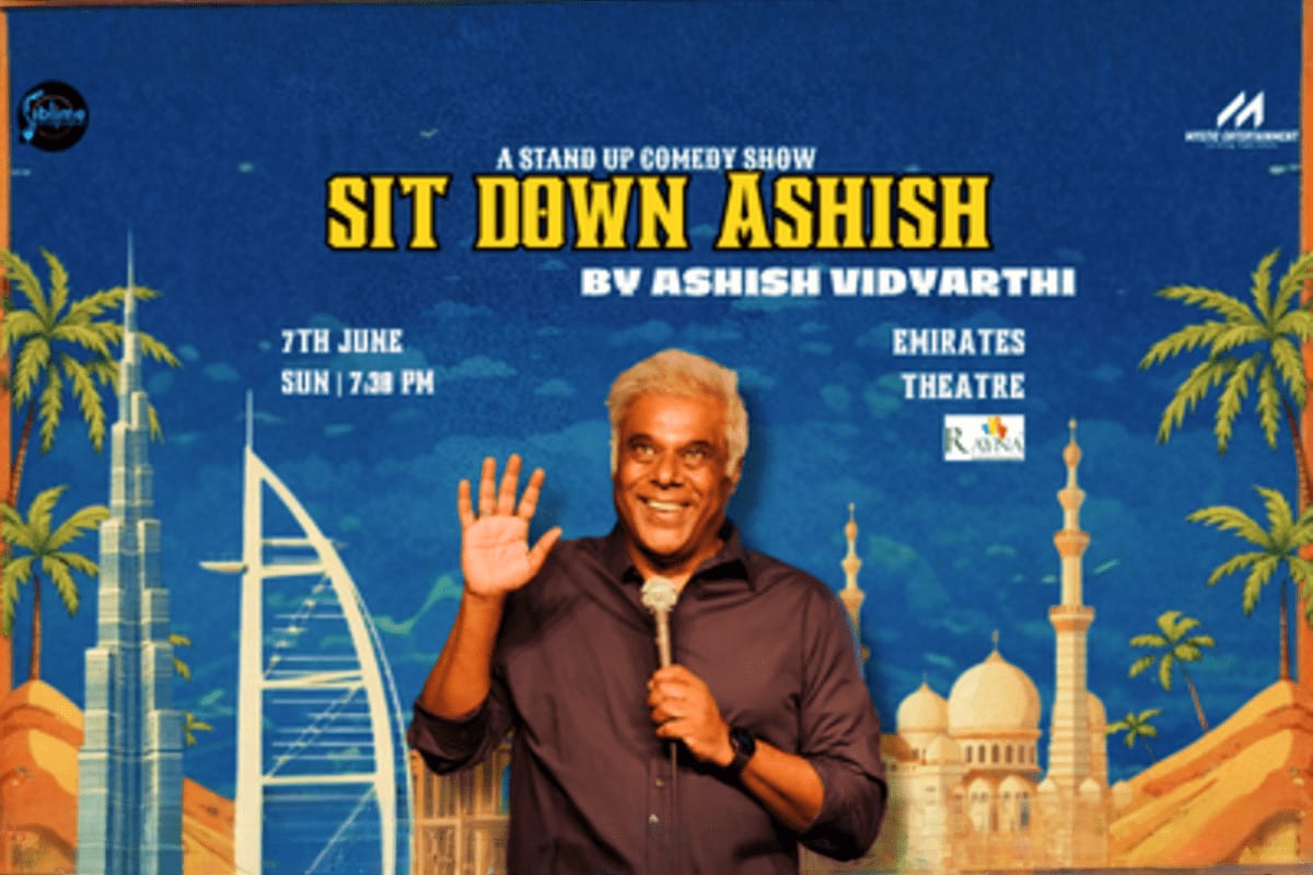 Ashish Vidyarthi stand-up comedy show poster featuring performer on stage with Dubai landmarks including Burj Khalifa and mos