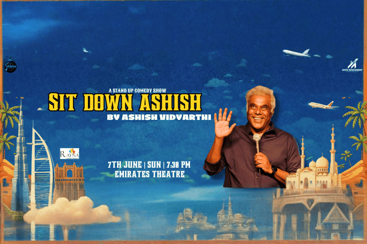Ashish Vidyarthi stand-up comedy show poster featuring the comedian holding a microphone against Dubai skyline with Burj Khal
