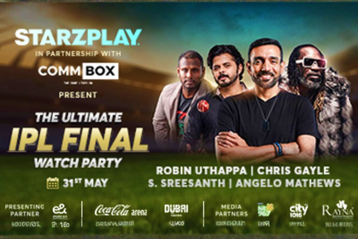 The Unlimited IPL Final Watch Party Starzplay and Commbox IPL Final watch party promotional poster featuring four male celebrities with event details for May 31s