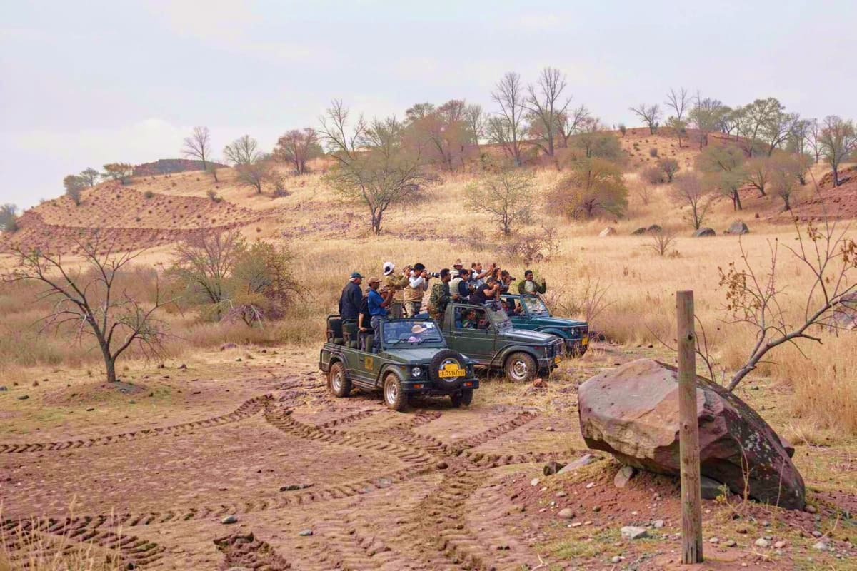 Overcrowded jeep safari vehicle with tourists driving through arid hillside terrain in Ranthambore National Park