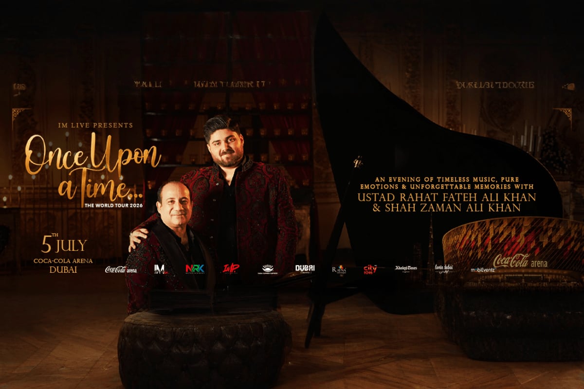 Ustad Rahat Fateh Ali Khan and Shah Zaman Ali Khan promotional poster for Once Upon a Time World Tour 2026 at Coca-Cola Arena