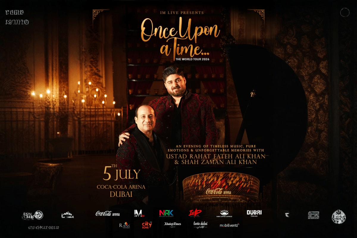 Rahat Fateh Ali Khan Once Upon a Time World Tour Rahat Fateh Ali Khan and Shah Zaman Ali Khan in burgundy embroidered outfits at Coca-Cola Arena Dubai, July 5th, Once Upon a