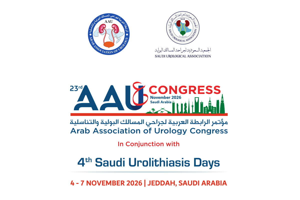 23rd Arab Association of Urology Congress poster featuring event logos, November 2026 Jeddah dates, and Saudi Arabia skyline