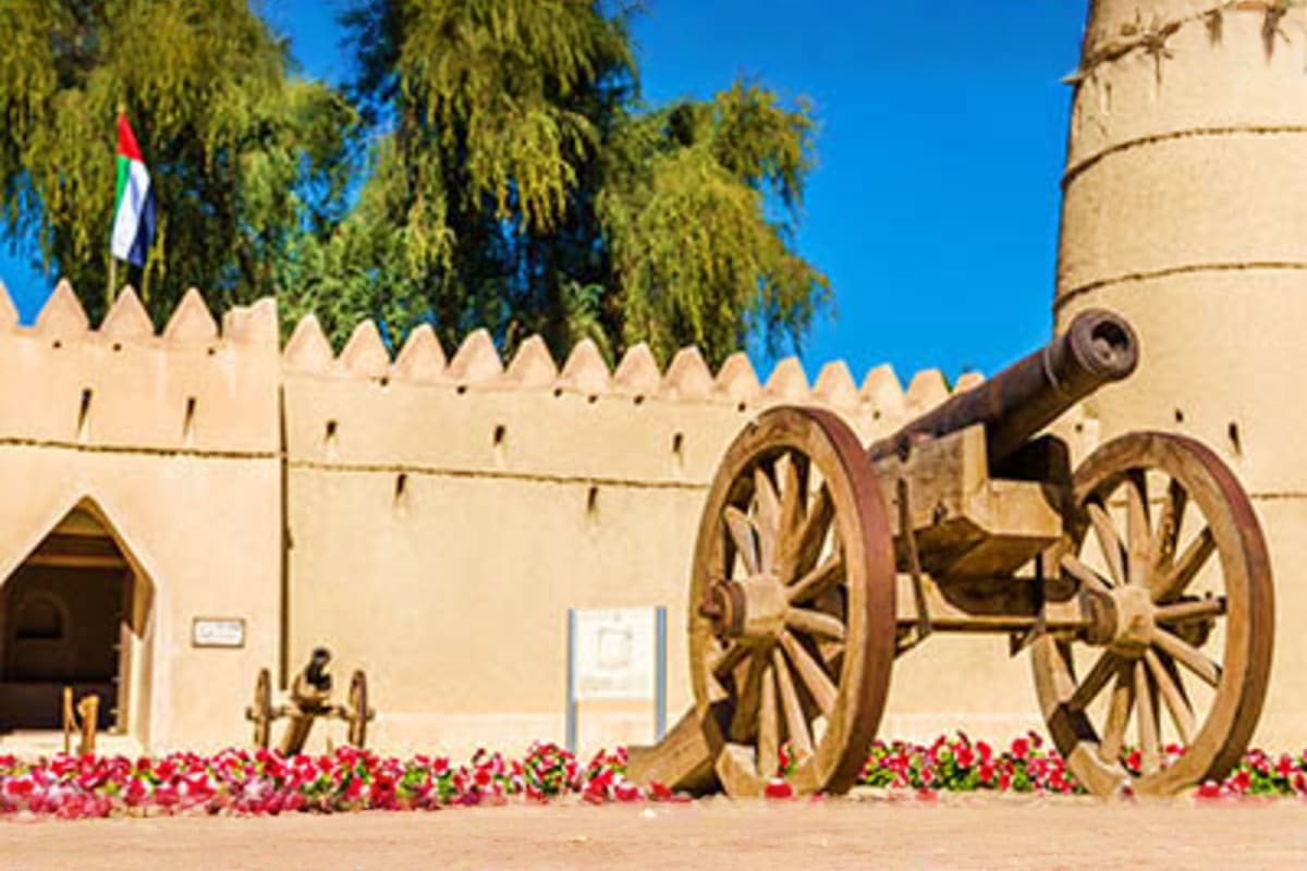 Historic cannon with wooden wheels displayed in front of Al Ain fortress with UAE flag, surrounded by red flowers