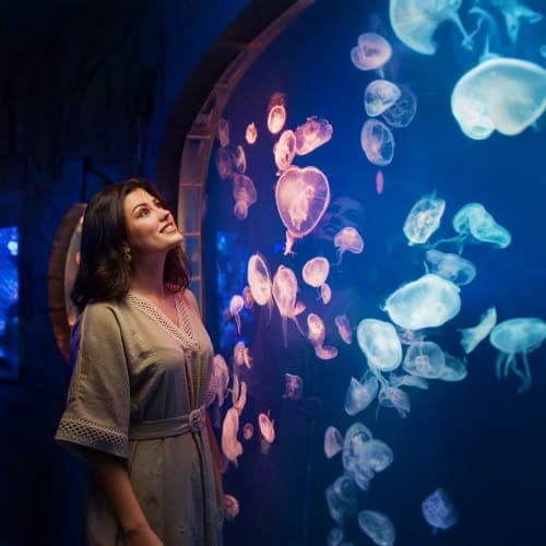 Woman viewing illuminated jellyfish display through aquarium glass at Dubai Aquarium