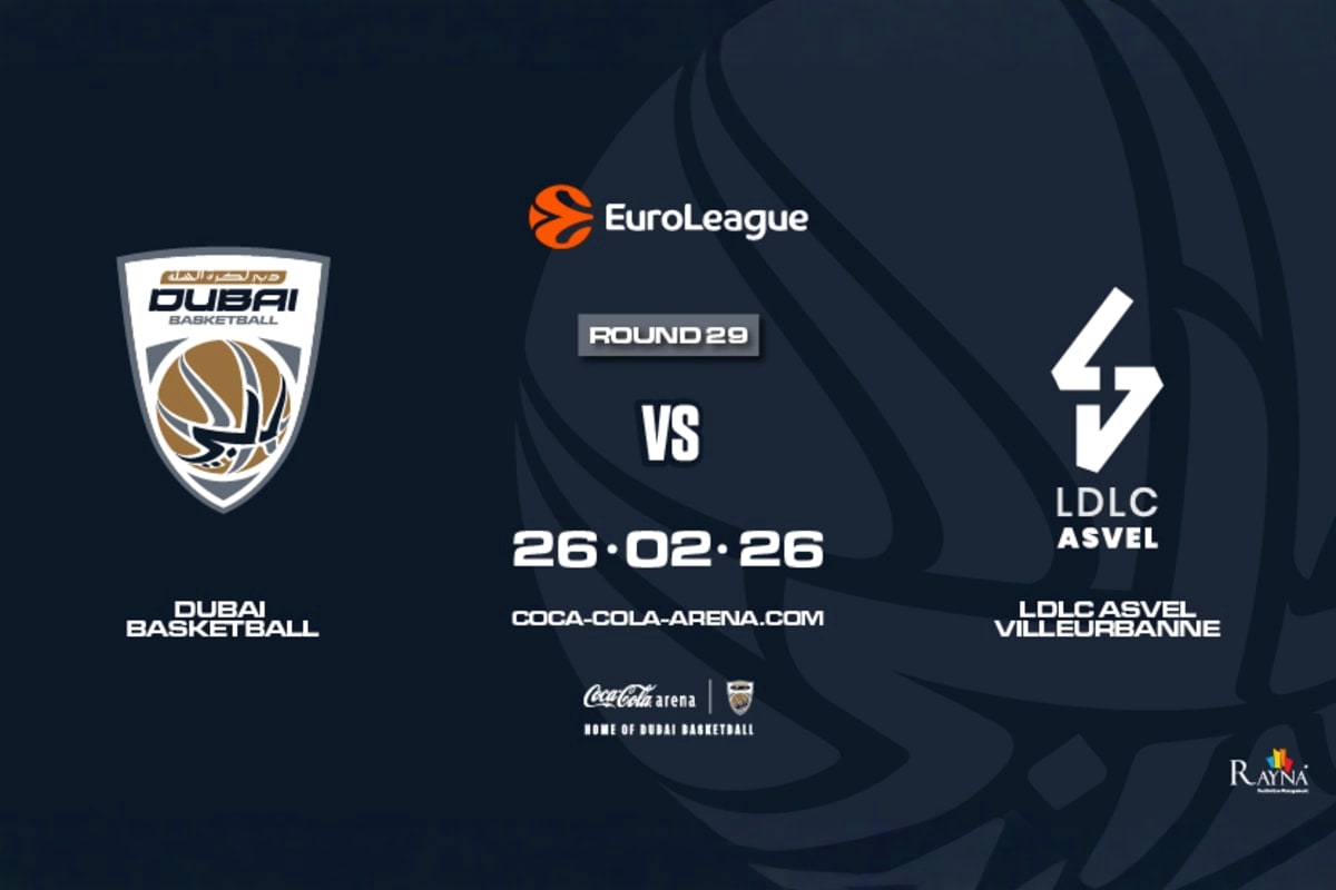 EuroLeague basketball match poster showing Dubai Basketball versus LDLC Asvel Round 29 on February 26, 2026 at Coca-Cola Aren