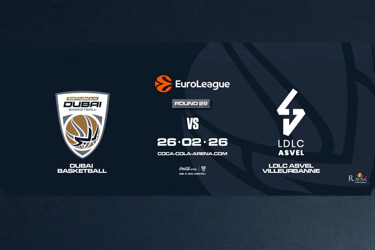 EuroLeague basketball match poster: Dubai Basketball vs LDLC Asvel Villeurbanne, Round 29, February 26 2026