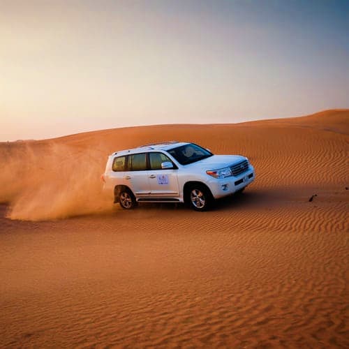 White SUV driving through sand dunes at sunset during a desert safari tour in Dubai