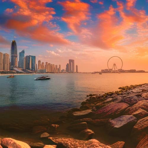 Dubai skyline at sunset with Burj Khalifa, modern skyscrapers, boats on water, and observation wheel on horizon