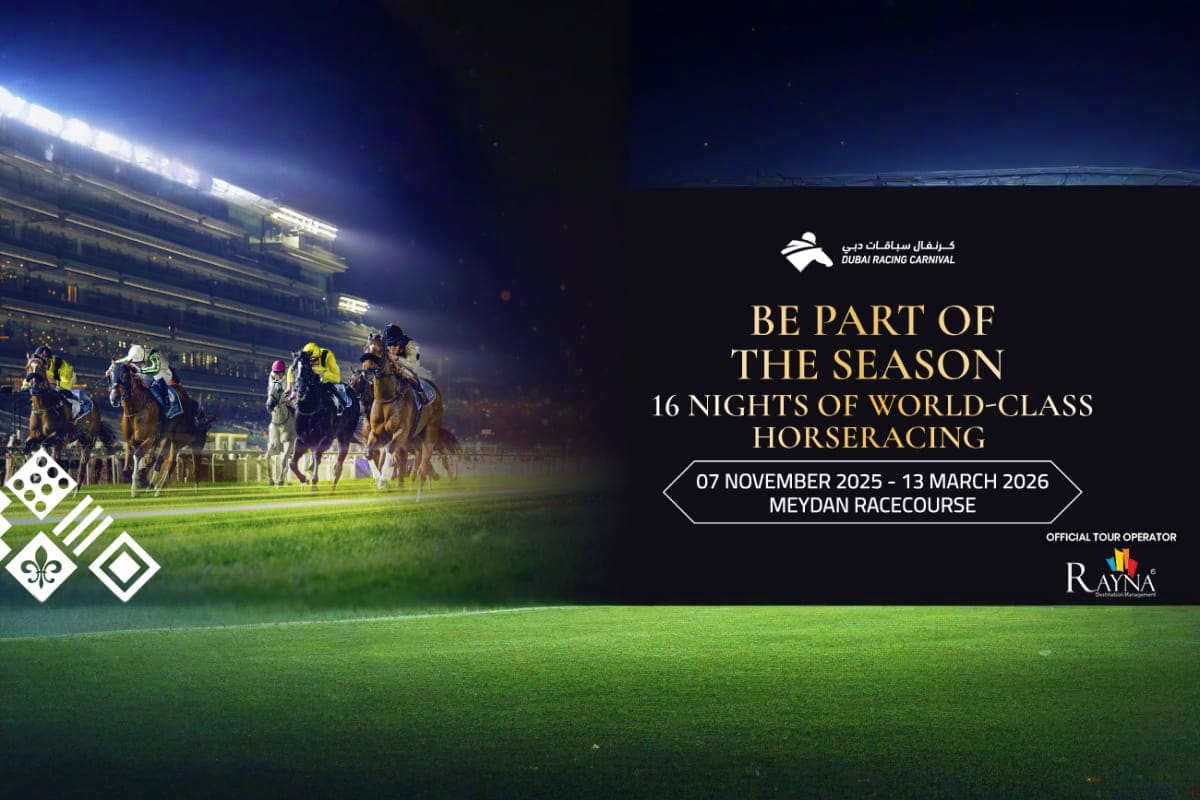 Dubai Racing Carnival Thoroughbred horses racing at night under floodlights at Meydan Racecourse with grandstand visible in background