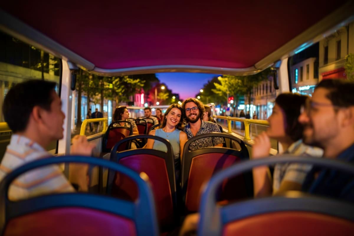 Passengers on an open-top double-decker tour bus at night with illuminated street buildings and purple sky visible from the u