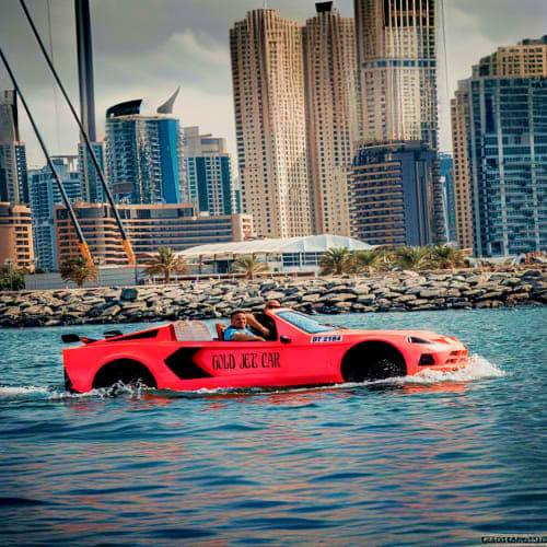 Red jet-powered car speeding through water with Dubai Marina skyscrapers in background