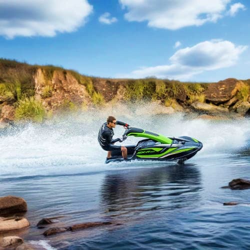 Person riding green and blue jet ski creating water spray on river with rocky cliffs and blue sky in background