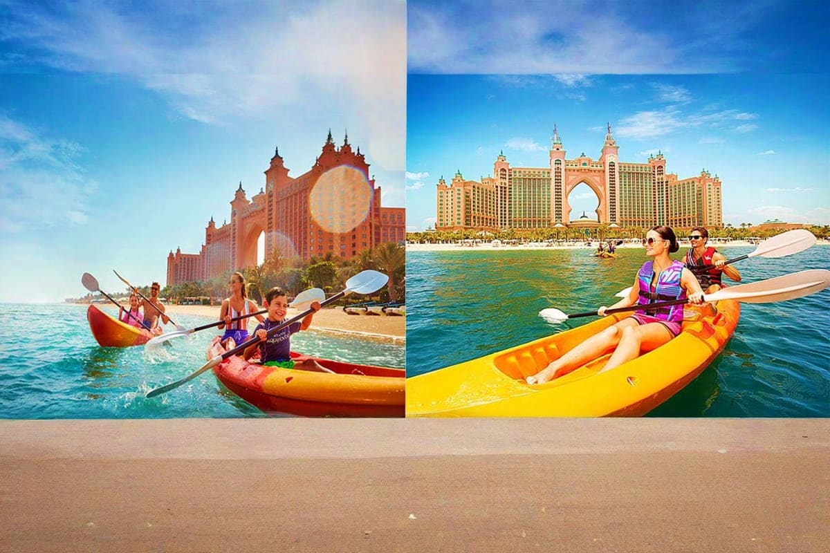 Kayaking Experience in Dubai Tourists kayaking in colorful kayaks near Atlantis The Palm hotel in Dubai with turquoise water and beach sandy shore