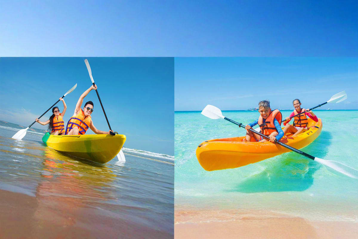 Kayaking Experience in Dubai People in life jackets paddling colorful kayaks in calm turquoise ocean waters at a tropical beach destination