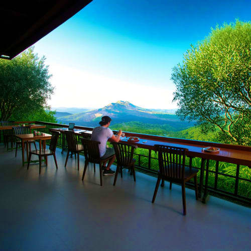 Person dining on mountain terrace overlooking Mount Batur volcano in Kintamani, Bali with lush green valley below