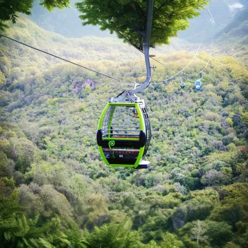 Green cable car suspended above dense forest canopy in Langkawi, Malaysia mountain landscape