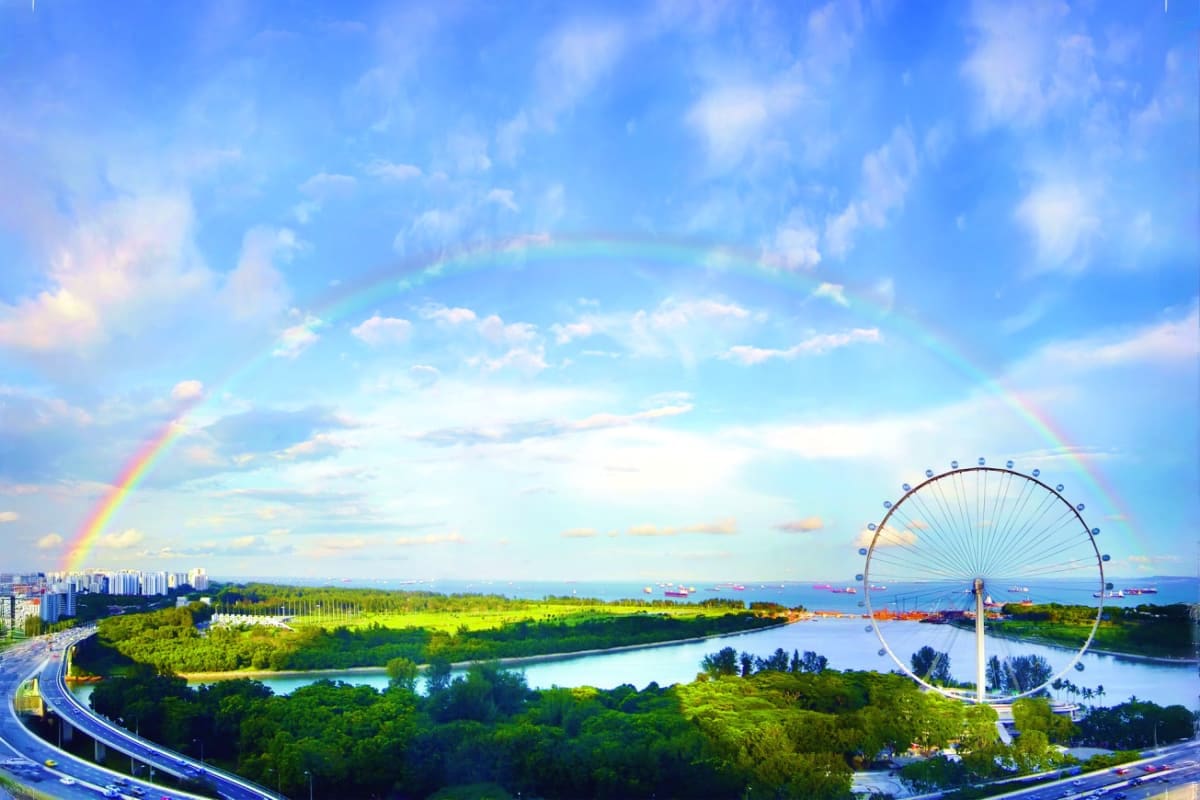 Singapore City Tour With Guide Aerial view of Singapore's skyline, riverfront, and iconic Singapore Flyer observation wheel with rainbow and blue sky